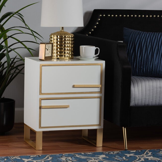 Giolla Contemporary Glam And Luxe White Finished Wood And Gold Metal 2-Drawer Nightstand, , alternate image number null
