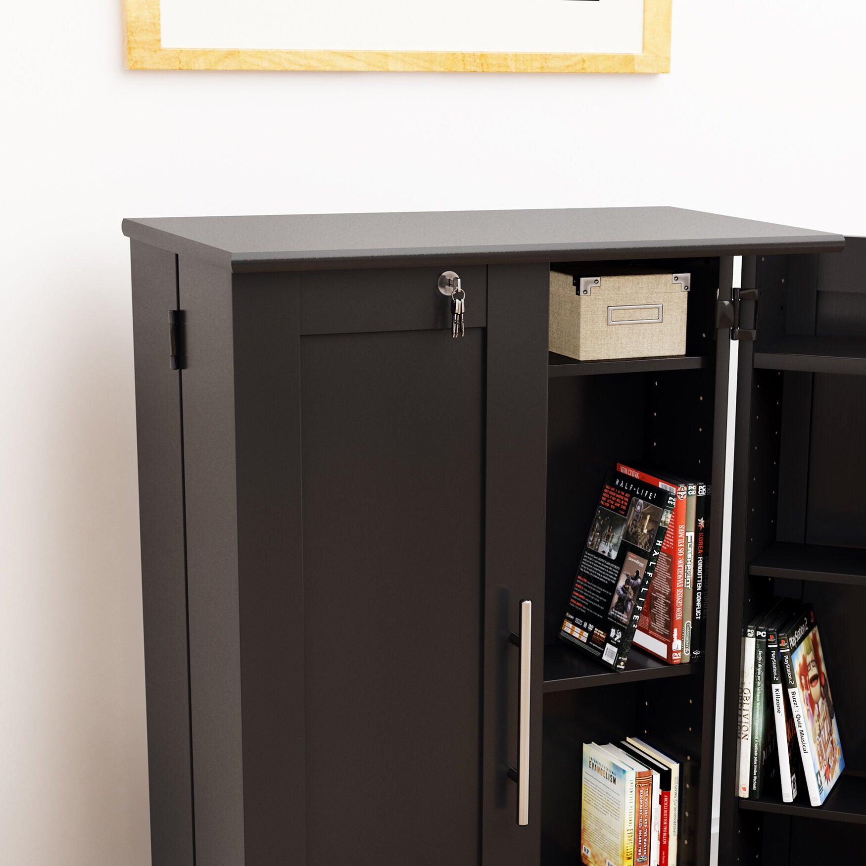 Locking Media Storage Cabinet with Shaker Doors King Size