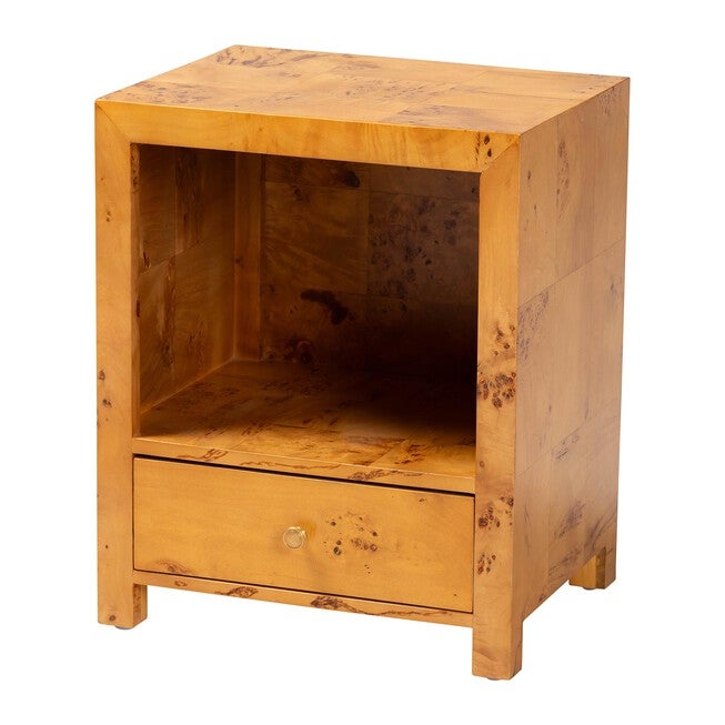 Camira Modern and Contemporary Natural Light Mappa Real Burl Wood 1-Drawer Nightstand, LIGHT MAPPA BURL, alternate image number 1