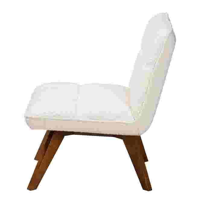 Side view of a cream boucle fabric accent chair with wooden legs