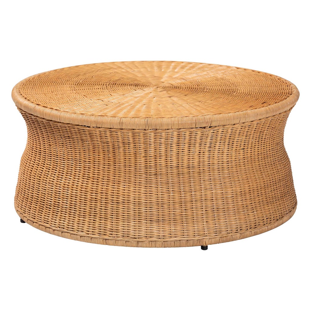 Close-up of round rattan coffee table top