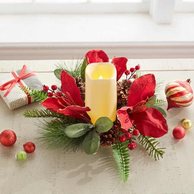Amaryllis 12 inches Candle Ring with LED Candle, RED, hi-res image number null