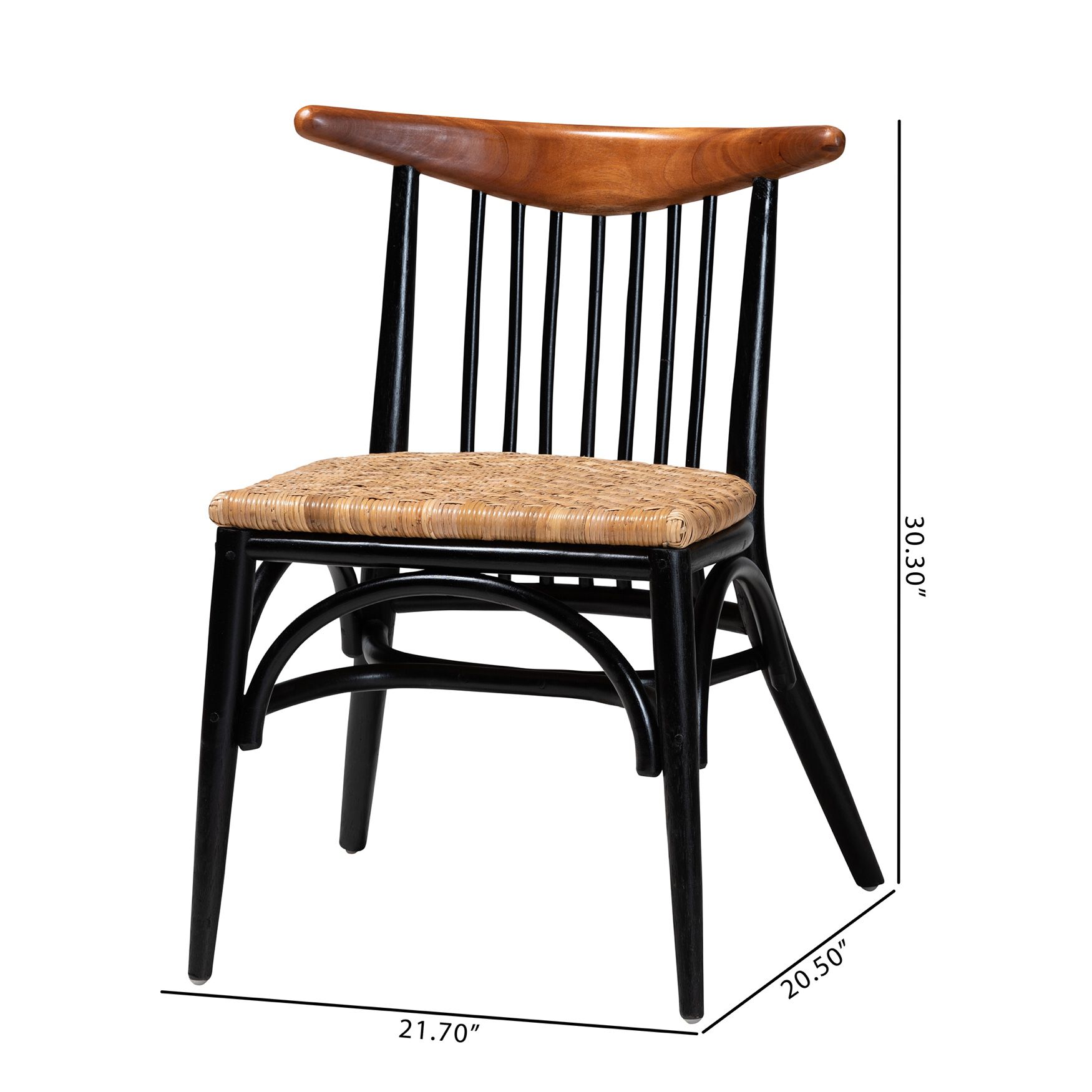 Parthenia Mid-Century Modern Two-Tone Black And Walnut Brown Finished Mahogany Wood And Natural Rattan Dining Chair, , alternate image number 8