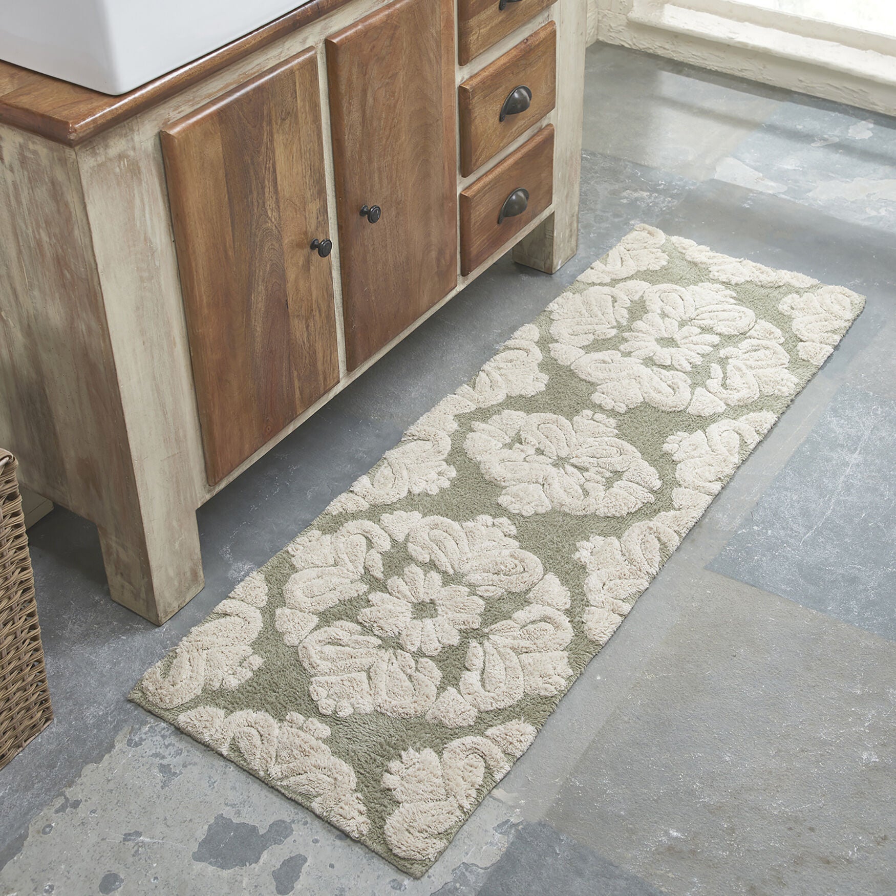 Medallion Collection 100% Cotton 20 inches X 60 inches Runner Bath Rug, SAGE NATURAL, hi-res image number 0