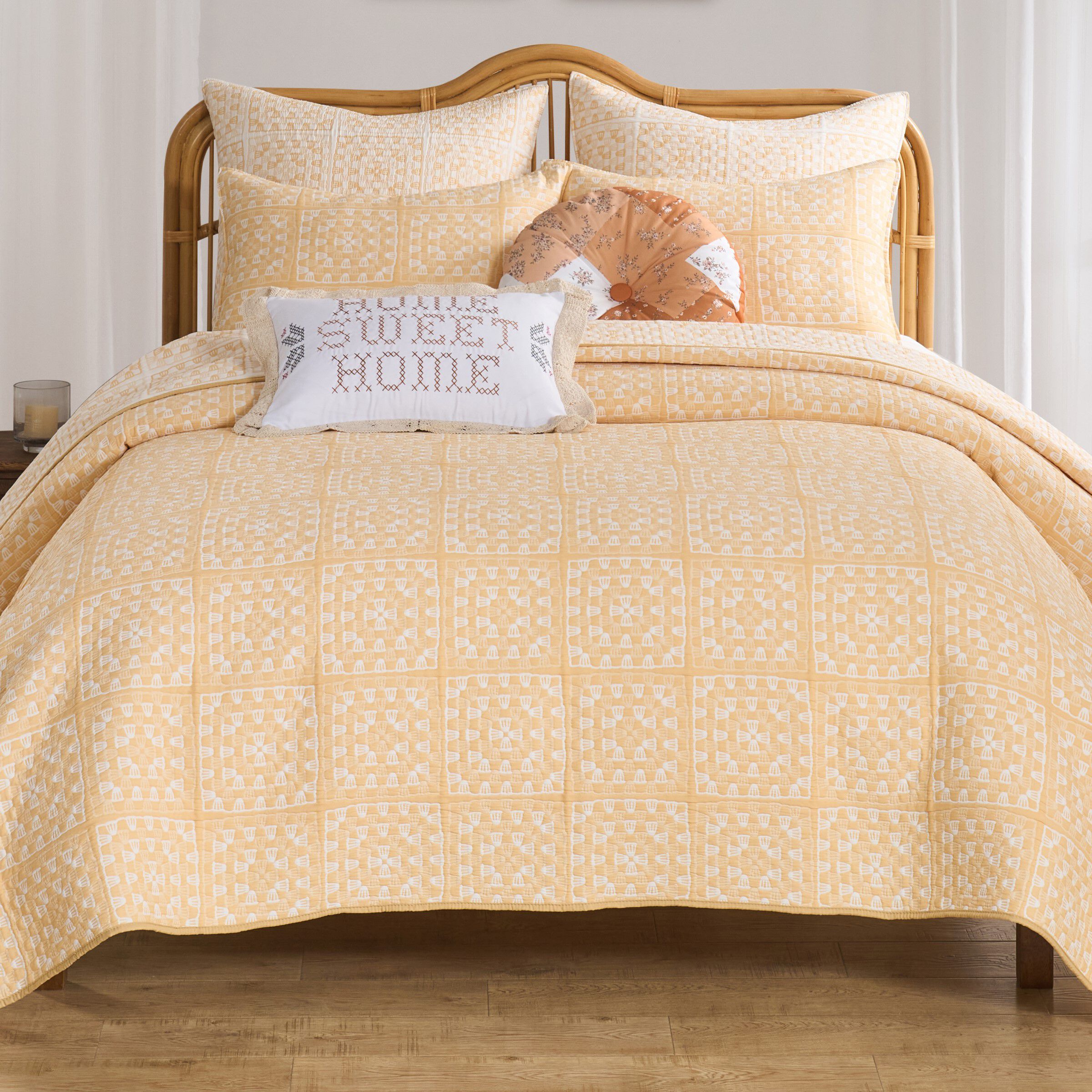 Granny Squares Vintage Retro Crochet-Inspired Reversible Coverlet Set, GOLD, hi-res image number 0