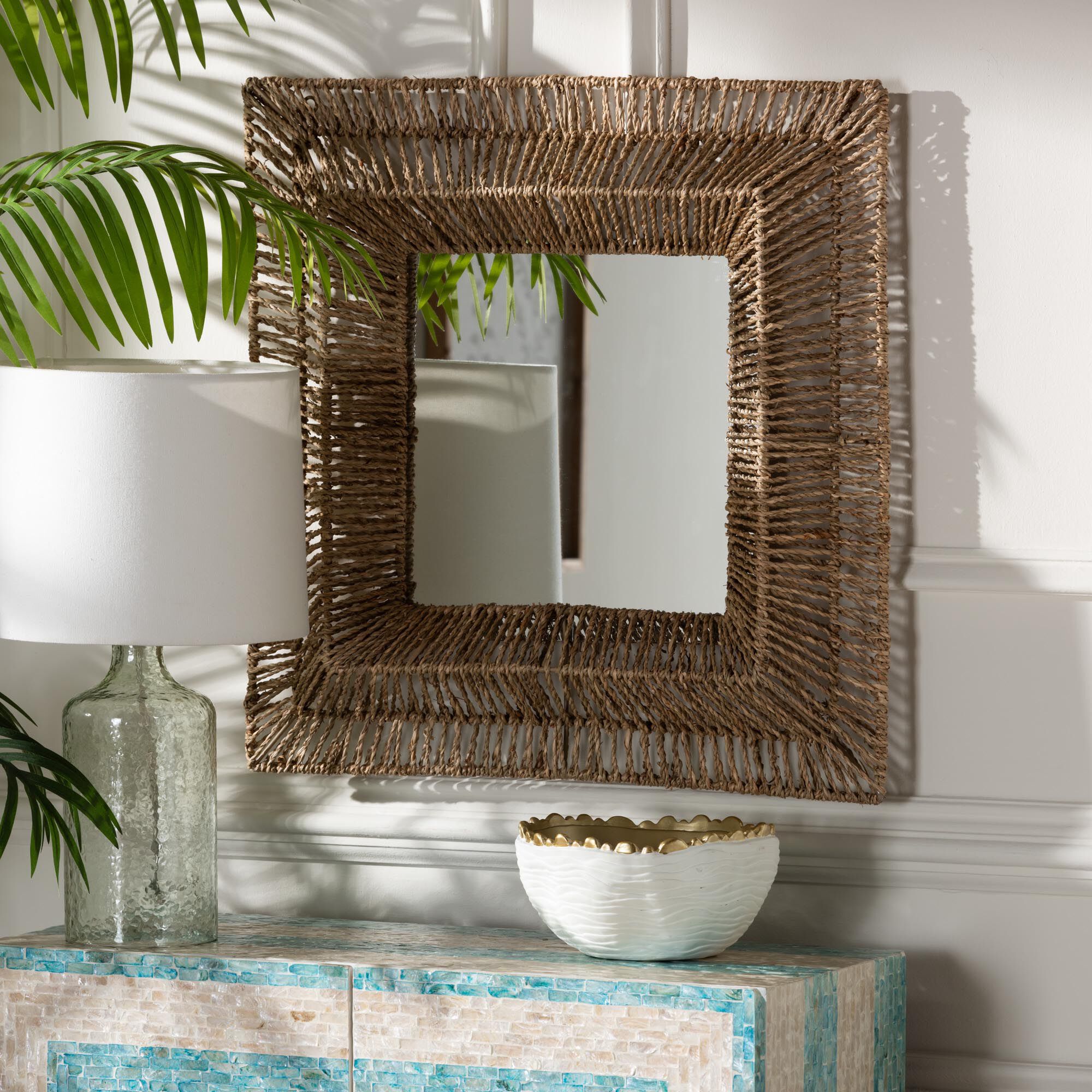 Collice Modern Bohemian Metal and Natural Brown Seagrass Accent Wall Mirror, NATURAL BROWN, hi-res image number 0