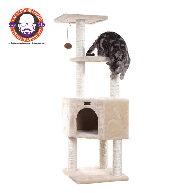 3 Levels Real Wood 48 inches Cat Tower For Kittens Play, BEIGE, hi-res image number 0