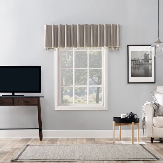 Evelina Faux Dupioni Silk Bonded Valance with Tassel Trim, STONE, hi-res image number null