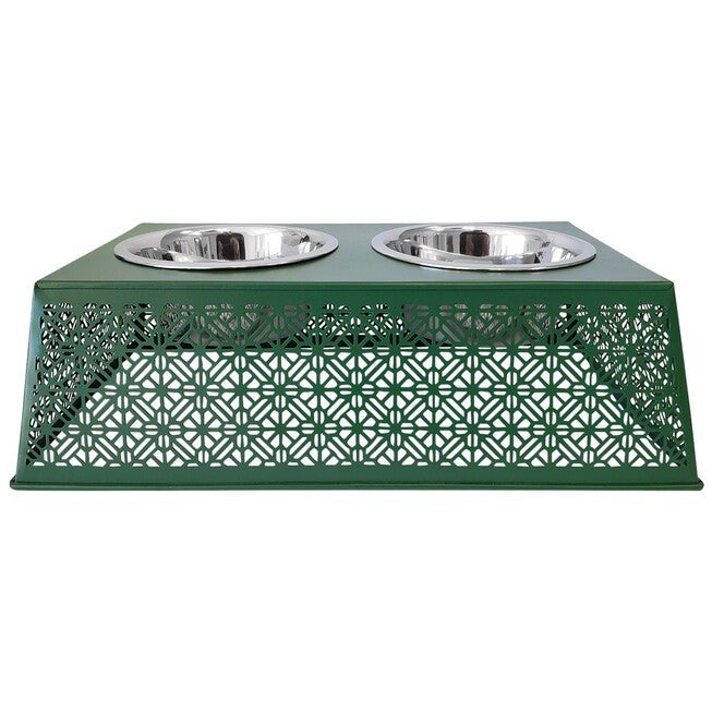 Dark Green Raised Pet Dog Feeder with Bowls, GREEN, hi-res image number 0