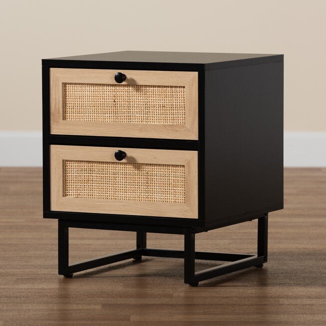 Declan Mid-Century Modern Espresso Brown Finished Wood And Natural Rattan 2-Drawer Nightstand, , alternate image number null