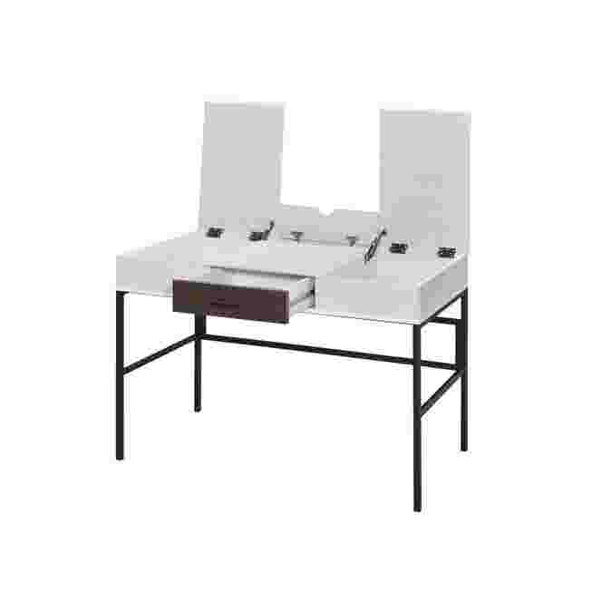 White writing desk with black metal frame, open drawer, and two hinged panels
