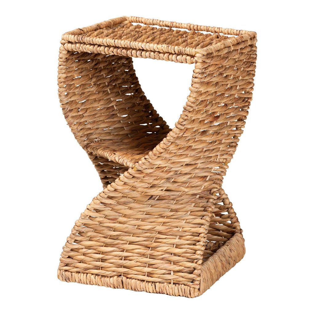 Side angle view of woven seagrass end table showing curved sides