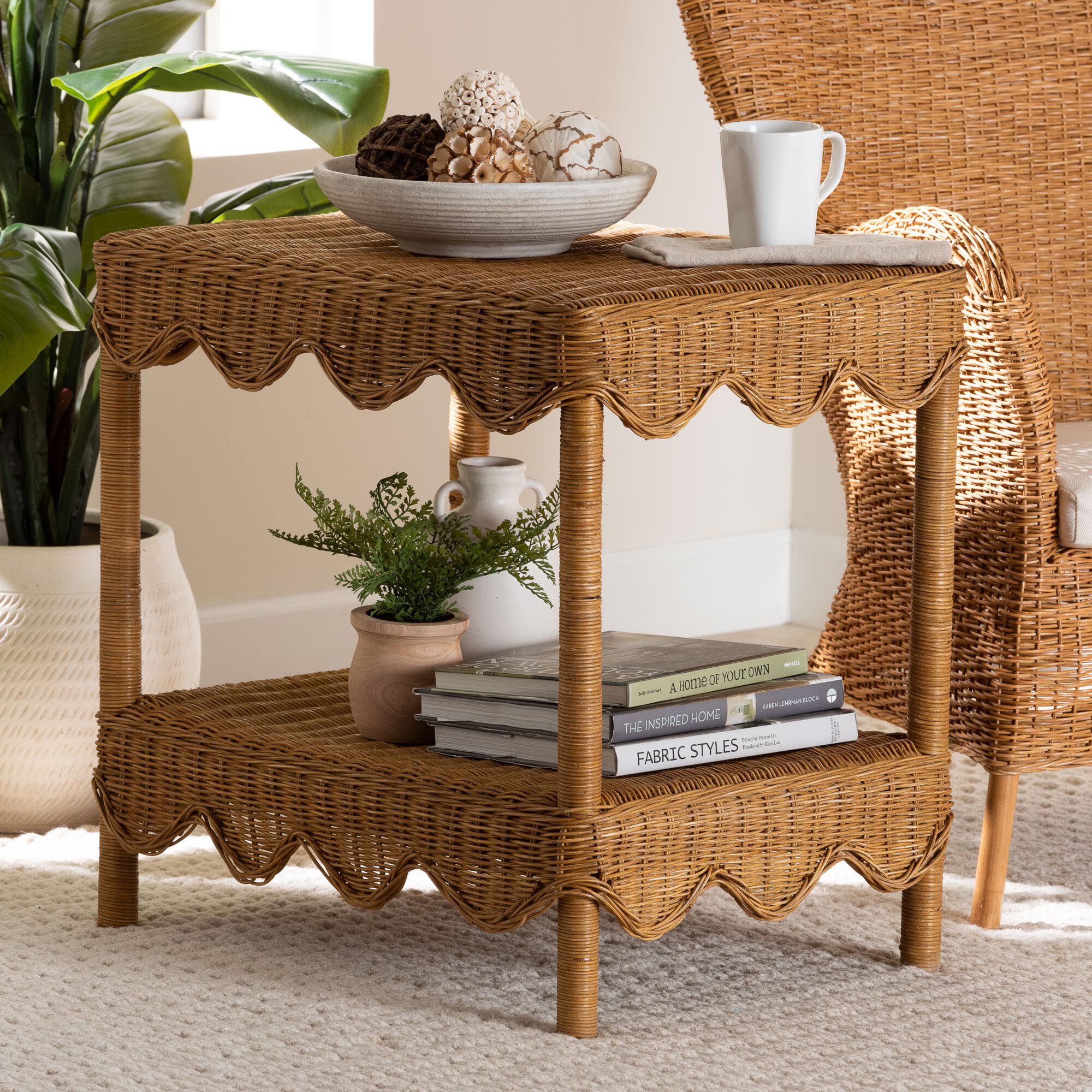 Oteria Bohemian Light Honey Scalloped Rattan Side Table, HONEY, hi-res image number 0