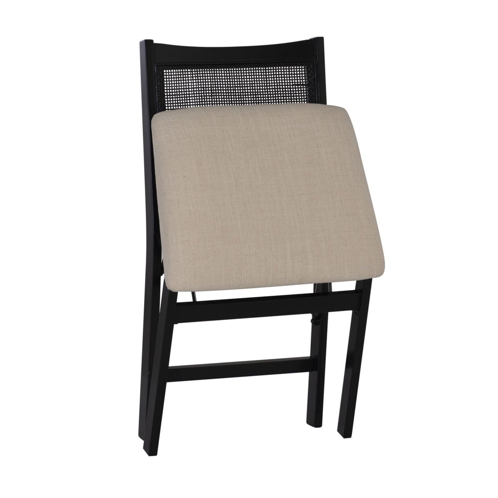 Beaux Cane Back Black Folding Chair angled with beige cushion