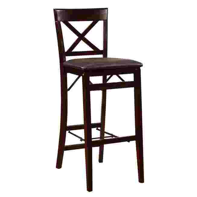 Dark wood bar stool with X-back design and cushioned seat