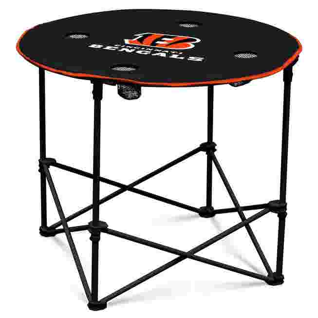 Black round tailgate table with Cincinnati Bengals logo and red trim