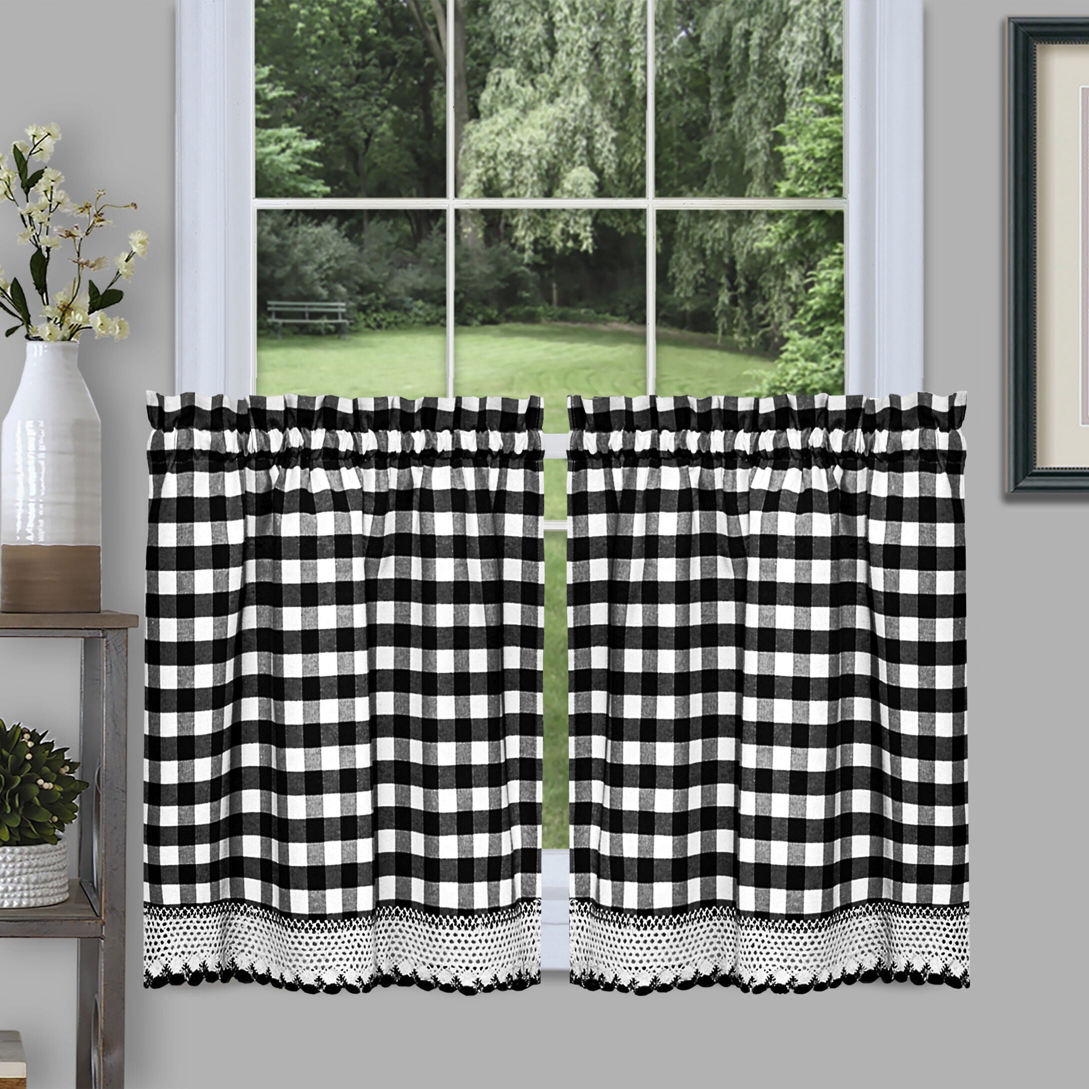 Buffalo Check Window Curtain Tier Pair, BLACK, hi-res image number 0