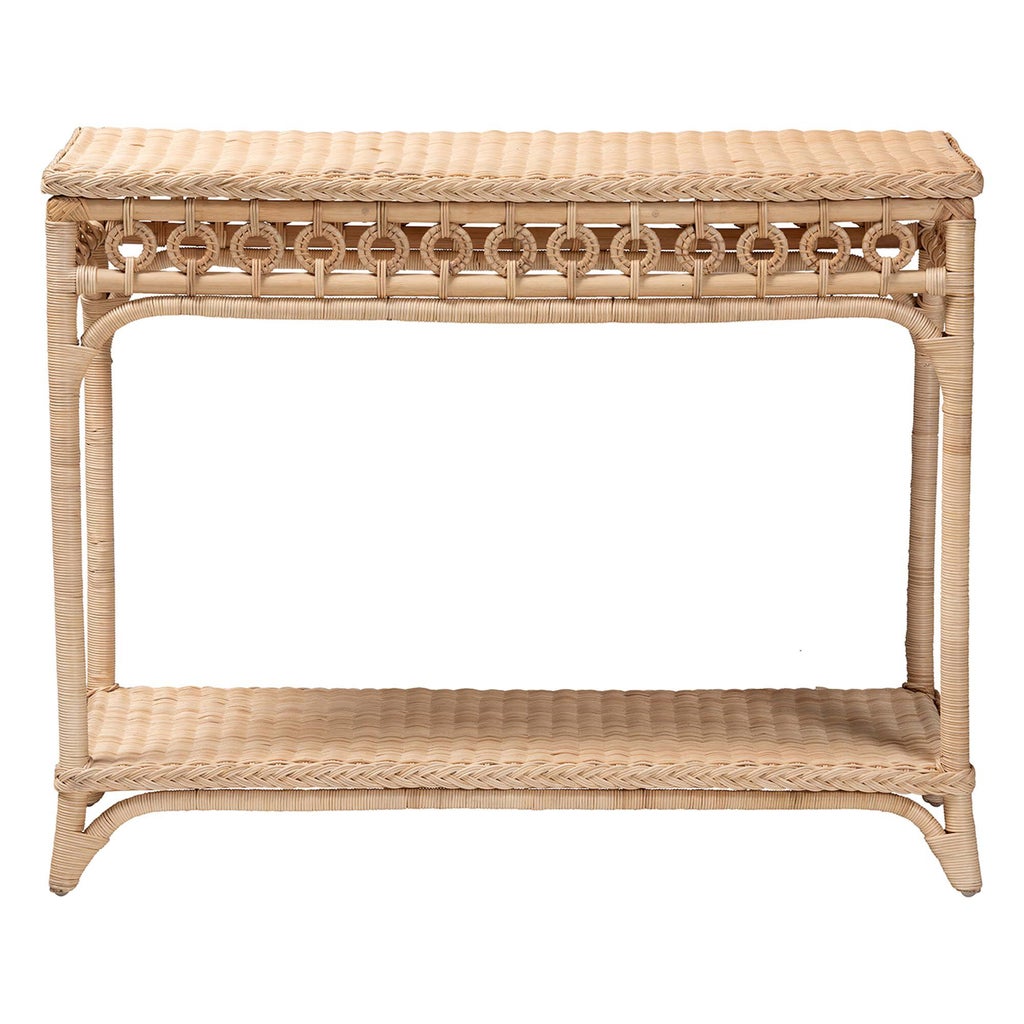 Natural rattan console table front view with ringed lattice detail