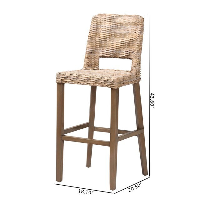 Magy Modern Bohemian Grey Kubu Rattan And Mahogany Wood Bar Stool, , alternate image number null