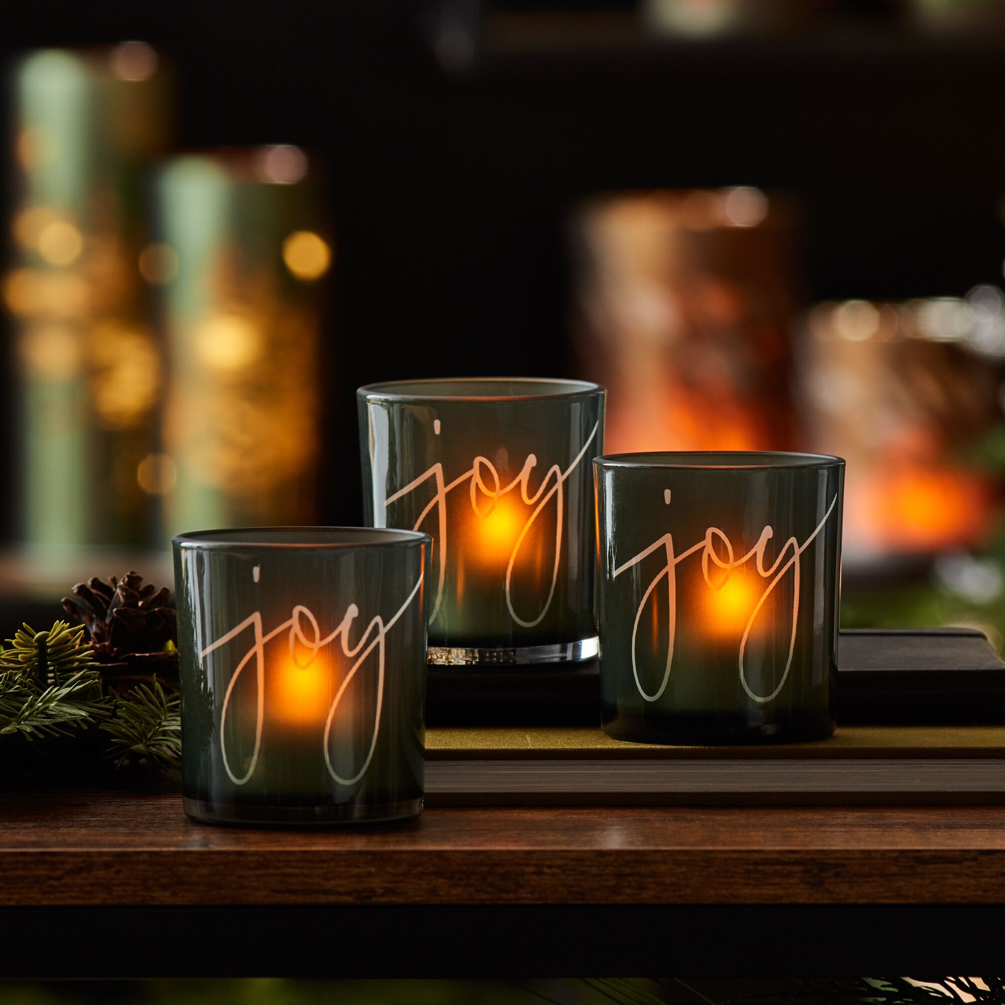 Green Glass Joy Candle Holder (Set of 3), GREEN, alternate image number 3