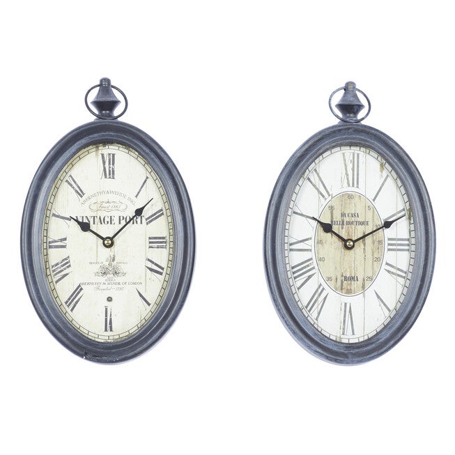 Set Of 2 Black Metal Vintage Wall Clock, BLACK, hi-res image number 0
