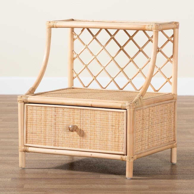 Lalo Modern Bohemian Natural Brown Rattan 1-Drawer Nightstand, , alternate image number null