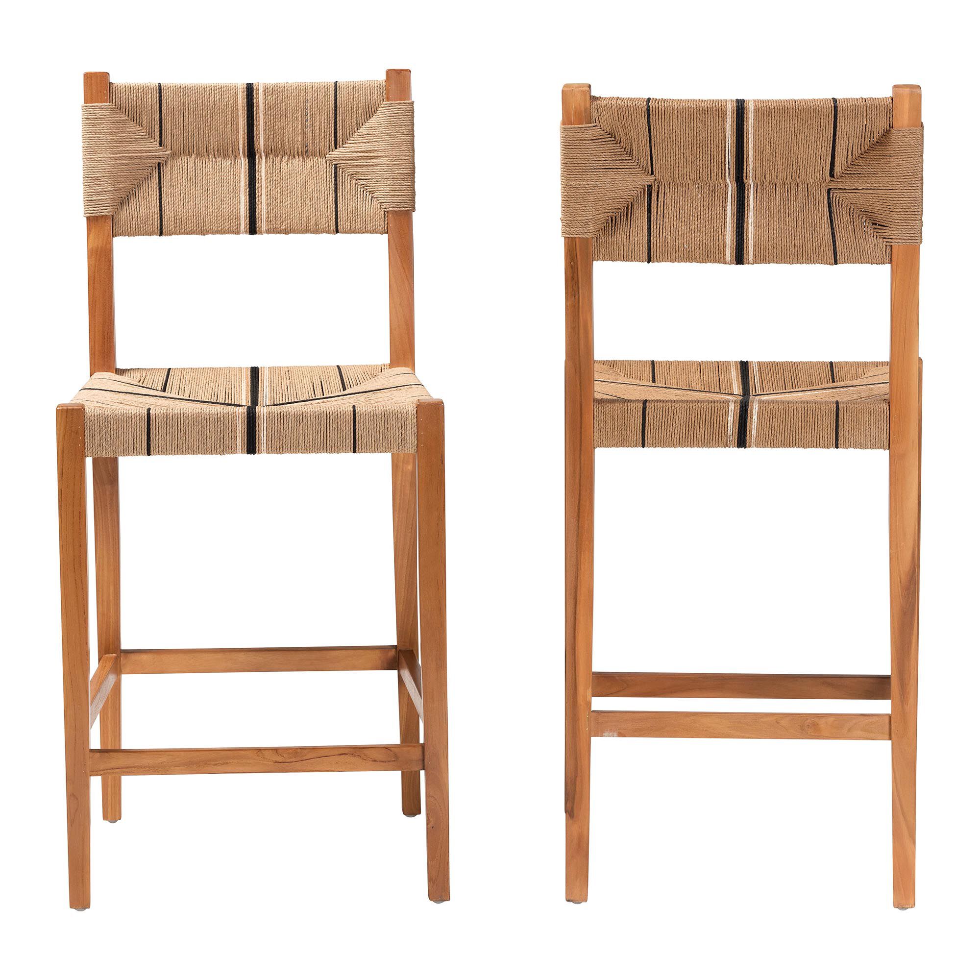 Prita Bohemian Paper Loom and Natural Mahogany Wood 2-Piece Bar Stool Set, BROWN, alternate image number 2