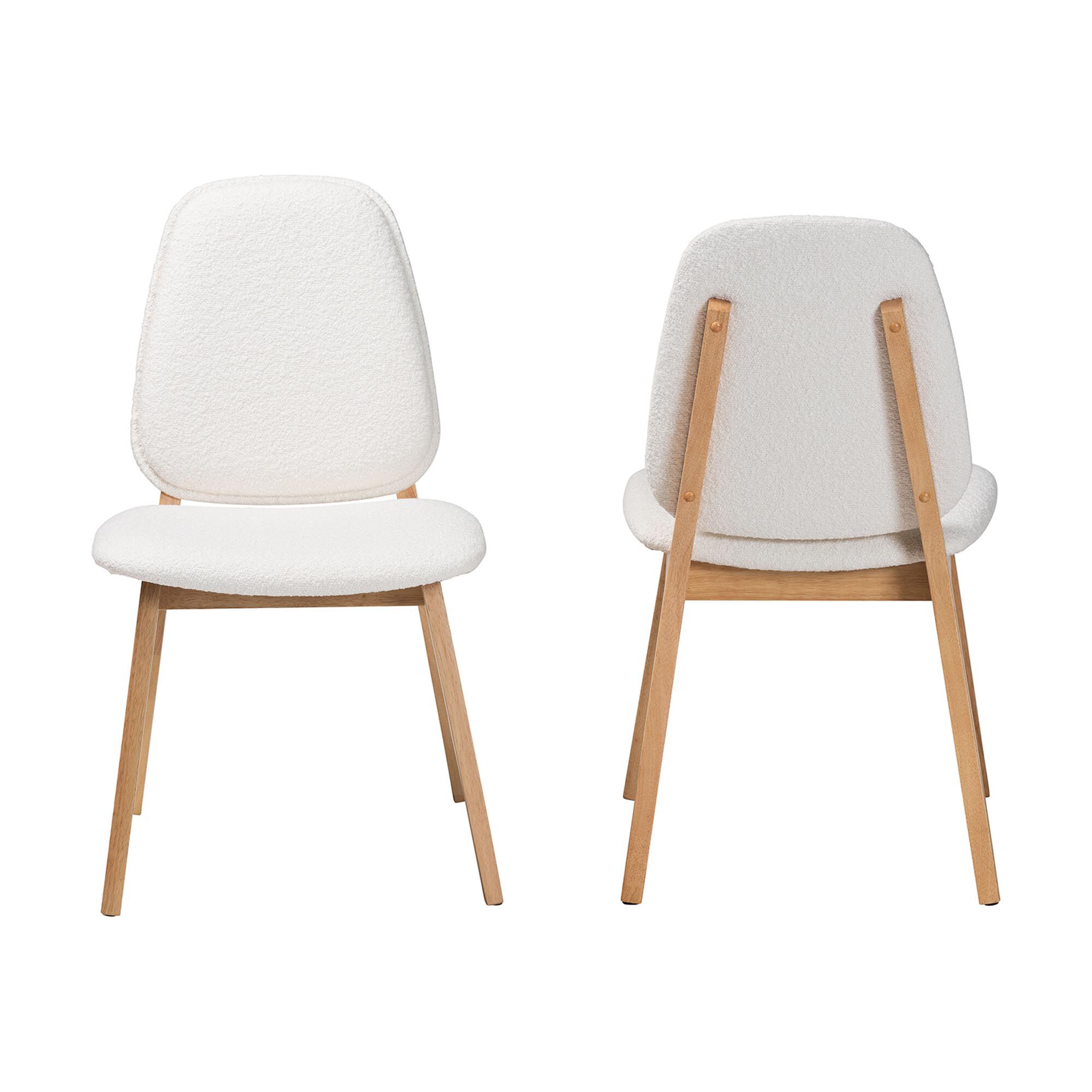 Hudson Boucle Upholstered Dining Chair Set of 2- Mid-Century Modern Side Chair with Solid Wood Frame and Rounded Backrest, WHITE, alternate image number 2
