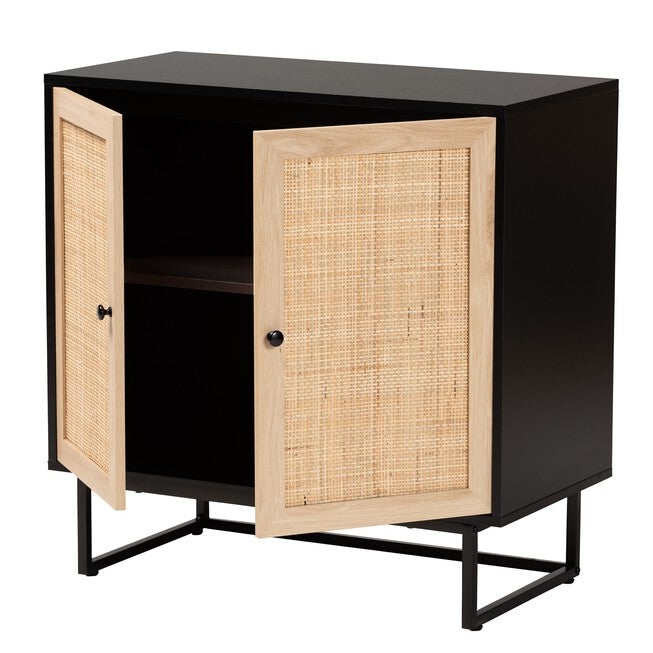 Declan Mid-Century Modern Espresso Brown Finished Wood And Natural Rattan 2-Door Storage Cabinet, , on-hover image number 1