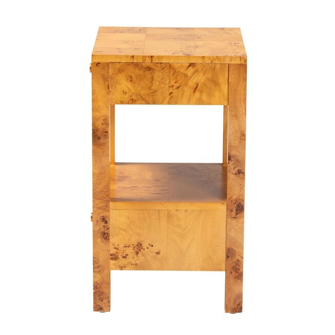 Azmi Modern and Contemporary Natural Light Mappa Real Burl Wood 2-Drawer Nightstand, LIGHT MAPPA BURL, alternate image number null