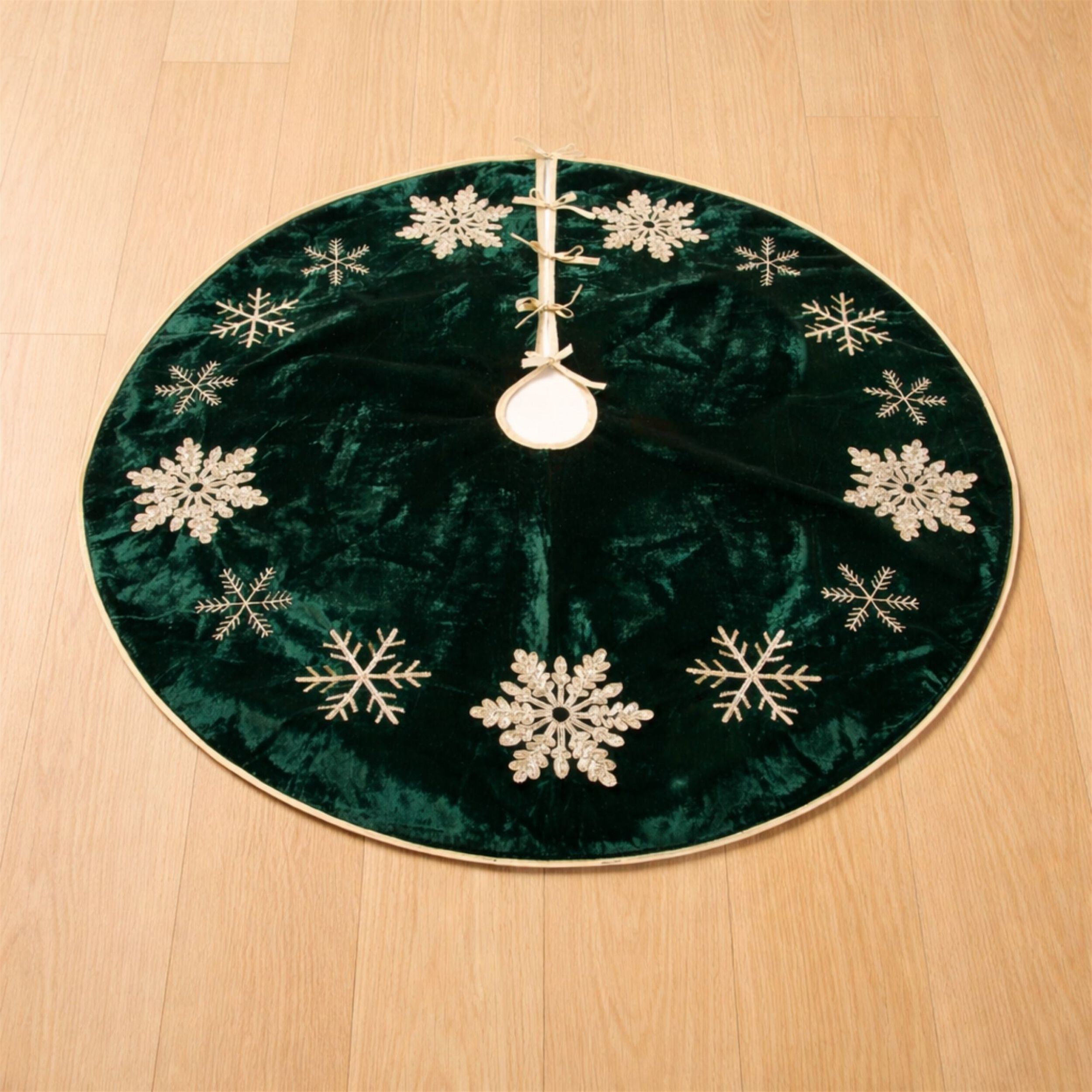 Embroidered Snowflake Christmas Tree Skirt 48 inchesD, GREEN GOLD, on-hover image number 1