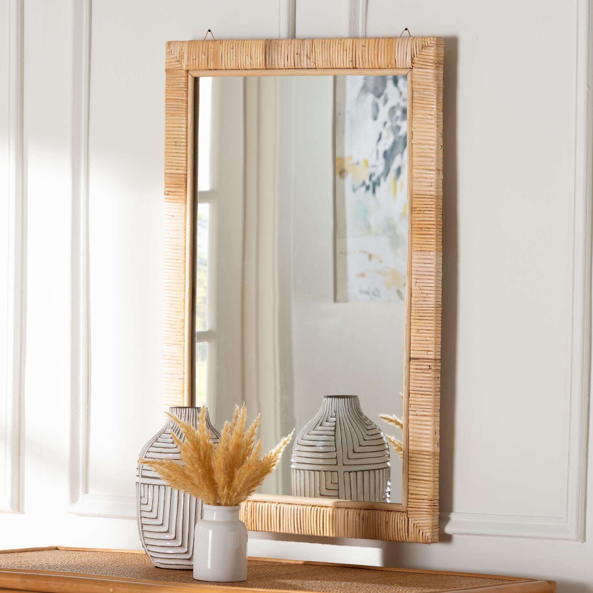 Lankston Bohemian Natural Rattan Rectangle Accent Wall Mirror, NATURAL, alternate image number 3
