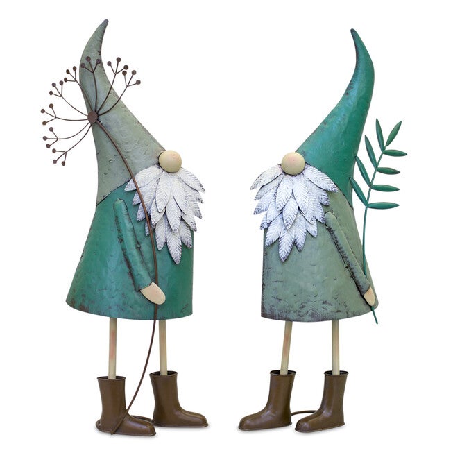 Iron Metal Standing Garden Gnome With Flower (Set Of 2), BROWN, hi-res image number null