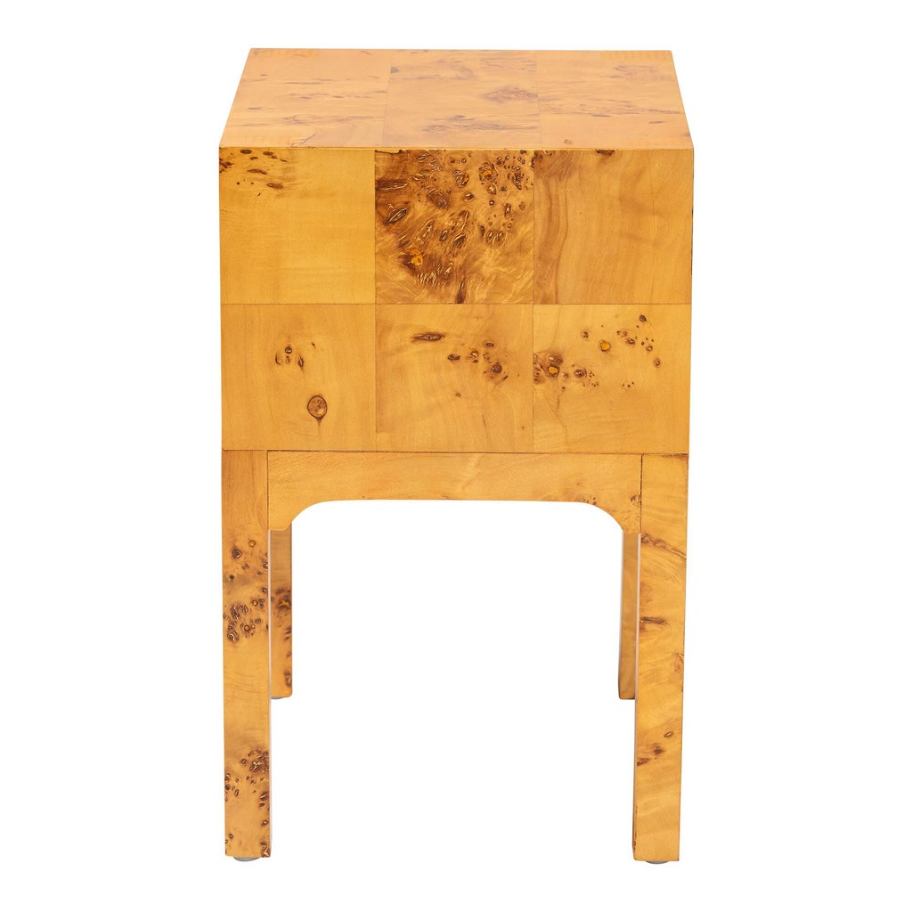 Natural burl wood nightstand showing back/side panel with arched apron cutout.