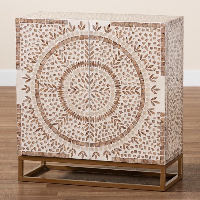 Ercilia Modern Bohemian White and Rustic Brown Mother of Pearl Storage Cabinet, , alternate image number 14