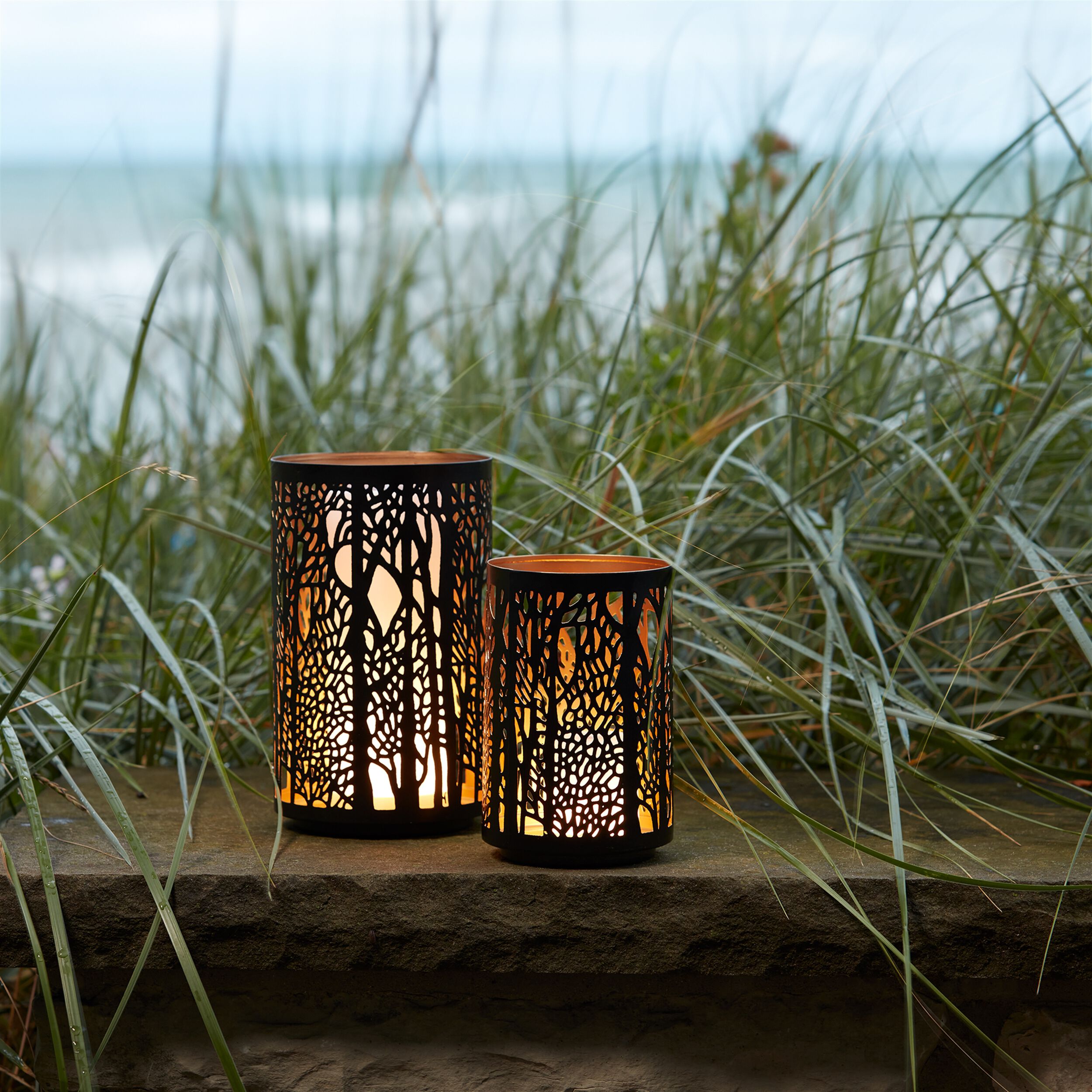 Forest Trees Punched Metal Candle Holder (Set of 2), BLACK/GOLD, alternate image number 6