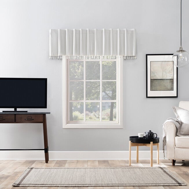 Evelina Faux Dupioni Silk Bonded Valance with Tassel Trim, PEARL, hi-res image number 0