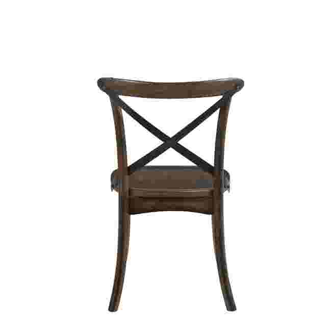 Dark brown wooden side chair with X-shaped backrest