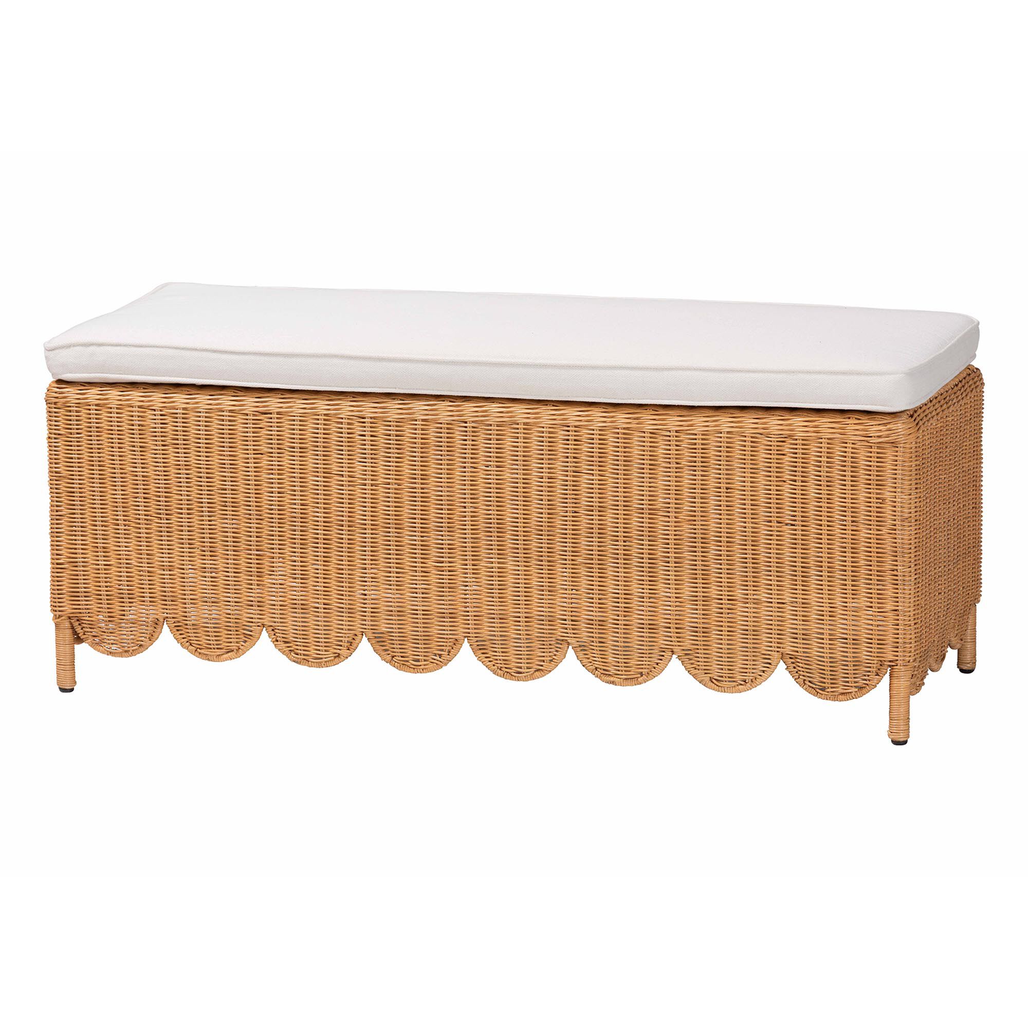 Teresa Bohemian Light Honey Scalloped Rattan Ottoman Bench, HONEY, alternate image number 1