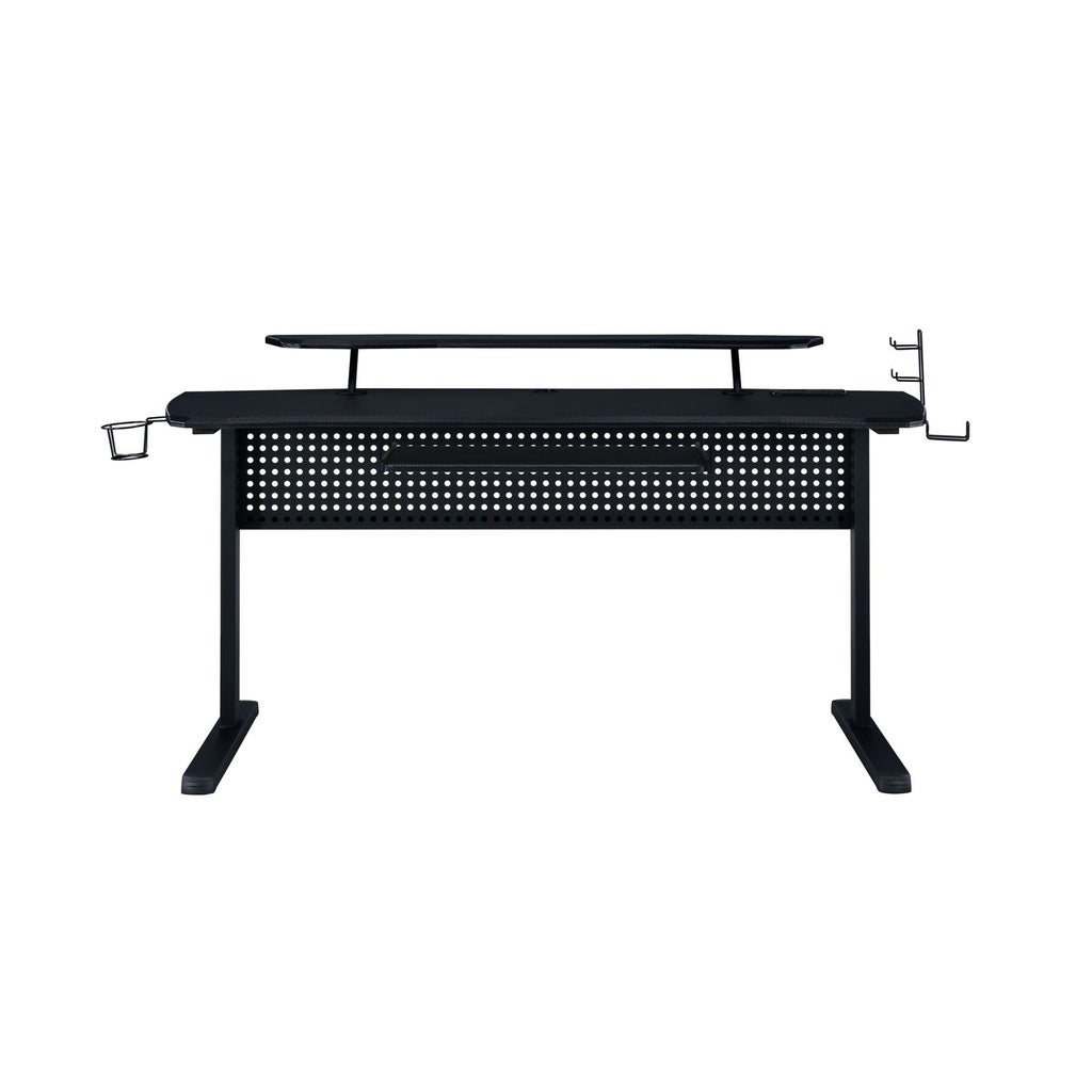 Front view of gaming desk with perforated panel and cup holders