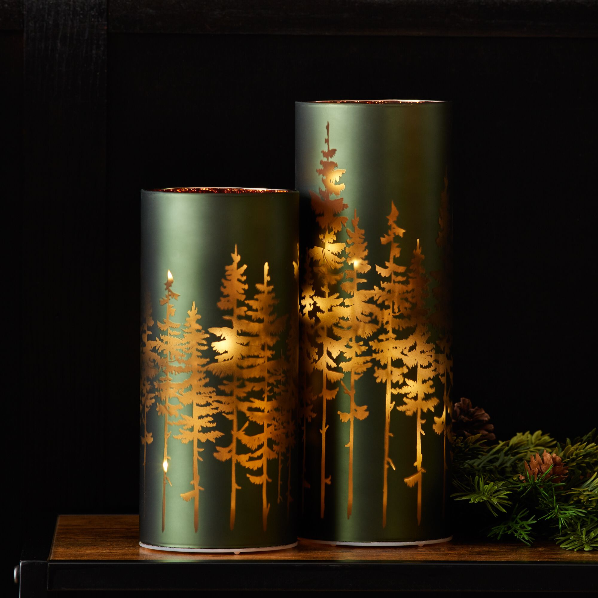 Frosted Pine Trees Glass Candle Holder (Set of 2), GREEN, alternate image number 2