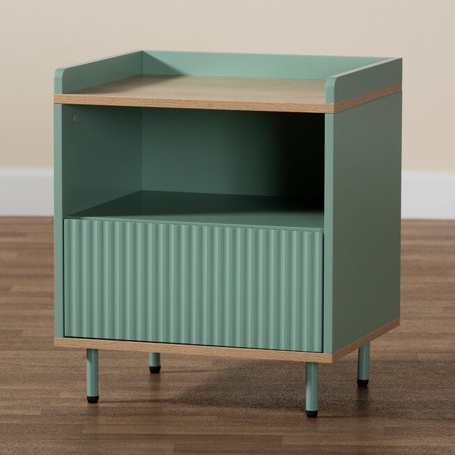 Tavita Mid-Century Modern Two-Tone Mint Green And Oak Brown Finished Wood 1-Drawer End Table, , alternate image number null