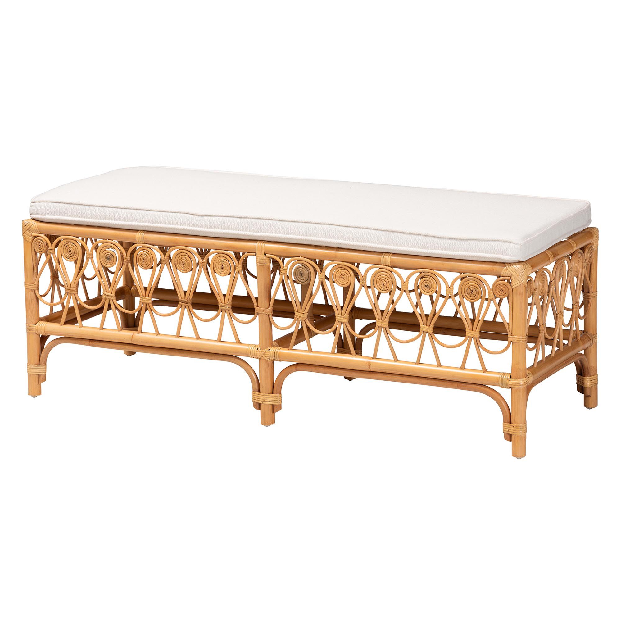 Ibiza Modern bohemian Natural Brown Rattan Bench, WHITE, alternate image number 2