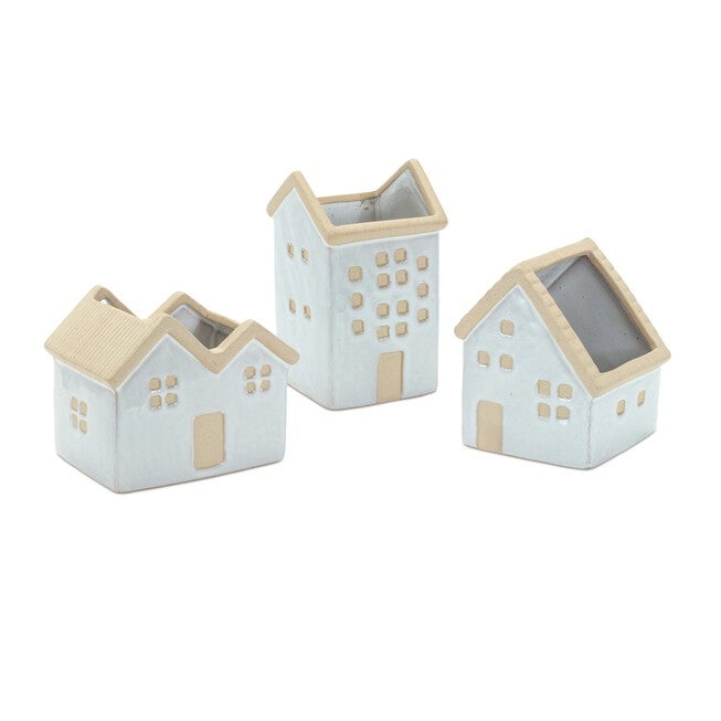 House Planter (Set of 3) 5.5 inchesL x 4.75 inchesH, 4.5 inchesL x 5.5 inchesH, 3.5 inchesL x 6.25 inchesH Porcelain, WHITE/BROWN, hi-res image number null