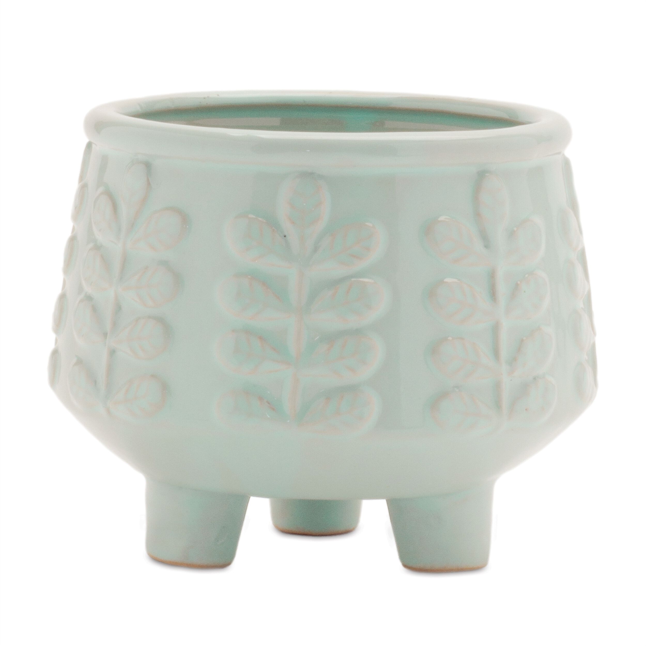 Footed Ceramic Leaf Pattern Planter Set of 4, BLUE, hi-res image number 0