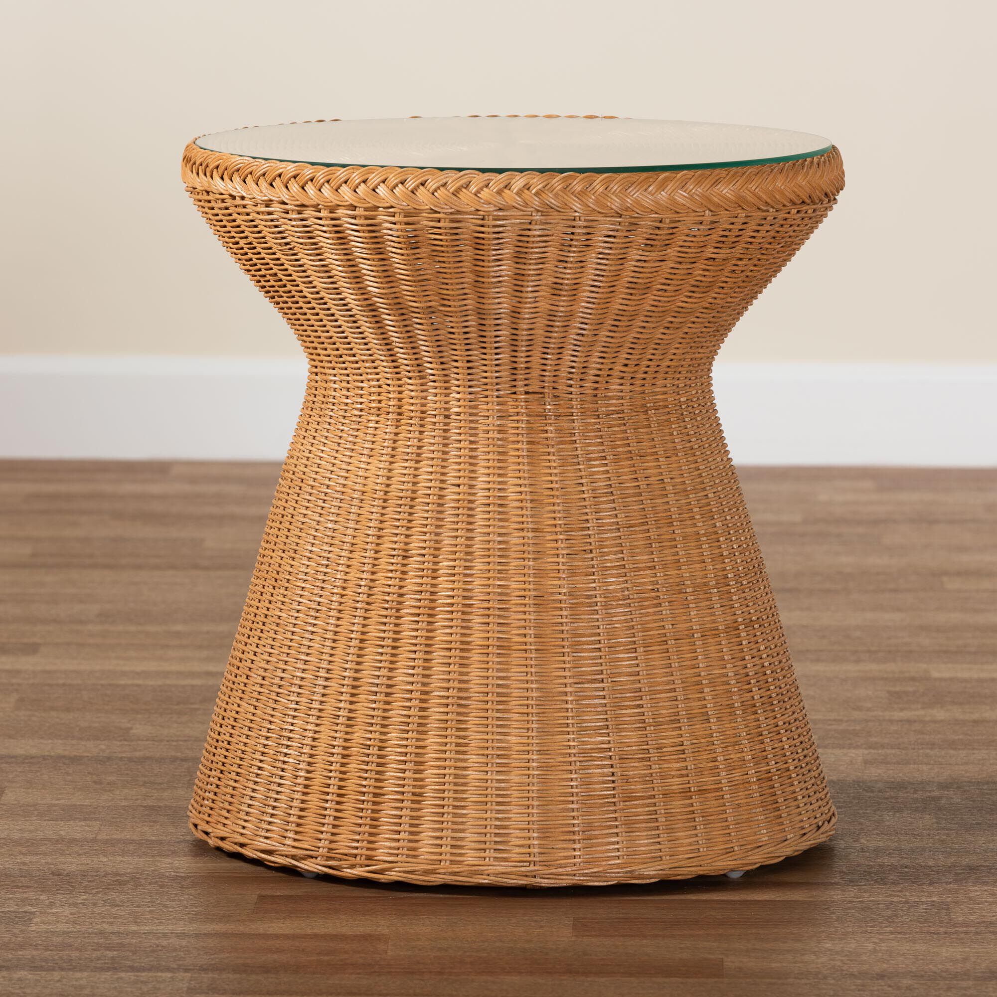Nina Bohemian Light Honey Braided Rattan End Table with Glass Tabletop, NATURAL, alternate image number 5