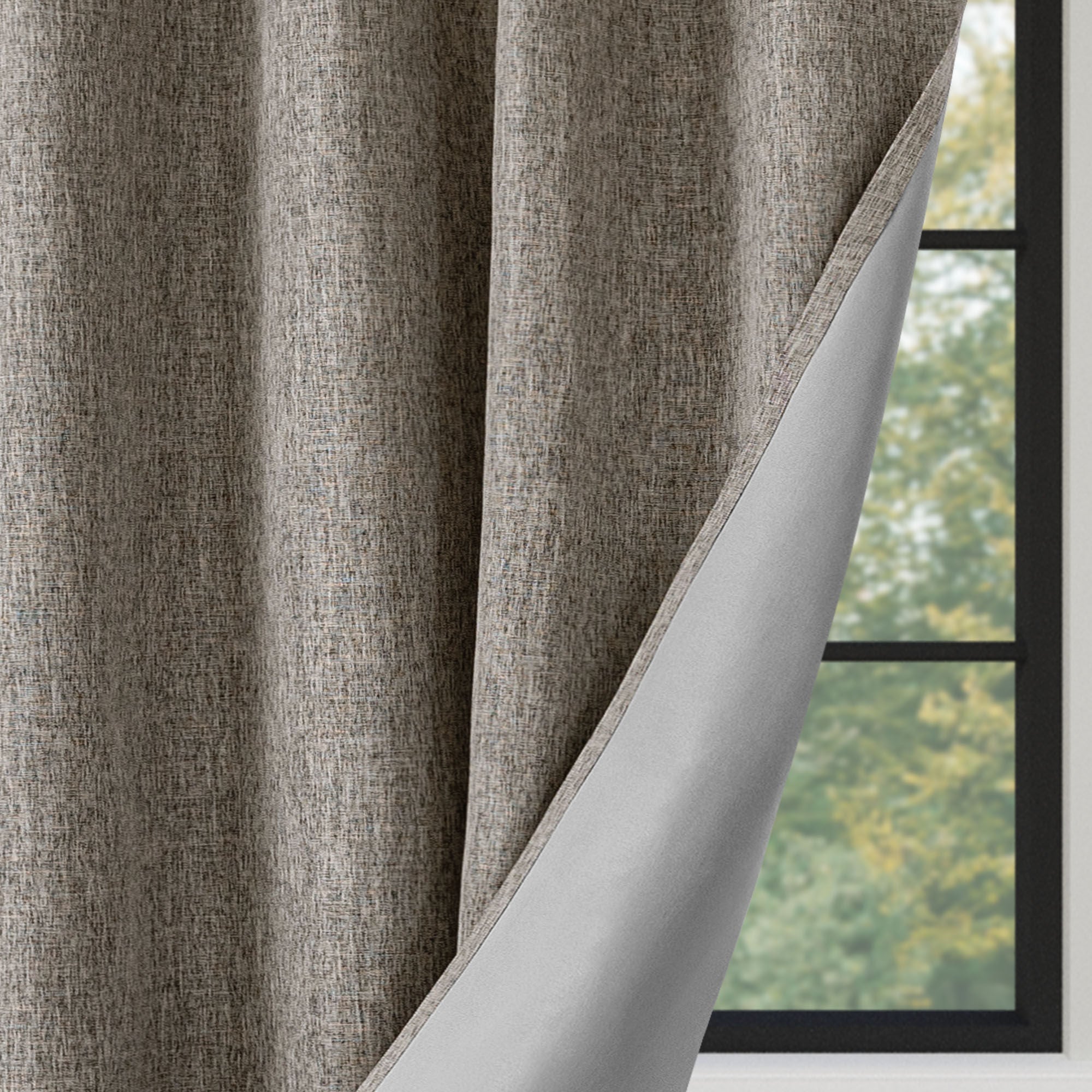 Linen Texture 100% Blackout Grommet Pair, HEATHER COFFEE, on-hover image number 1