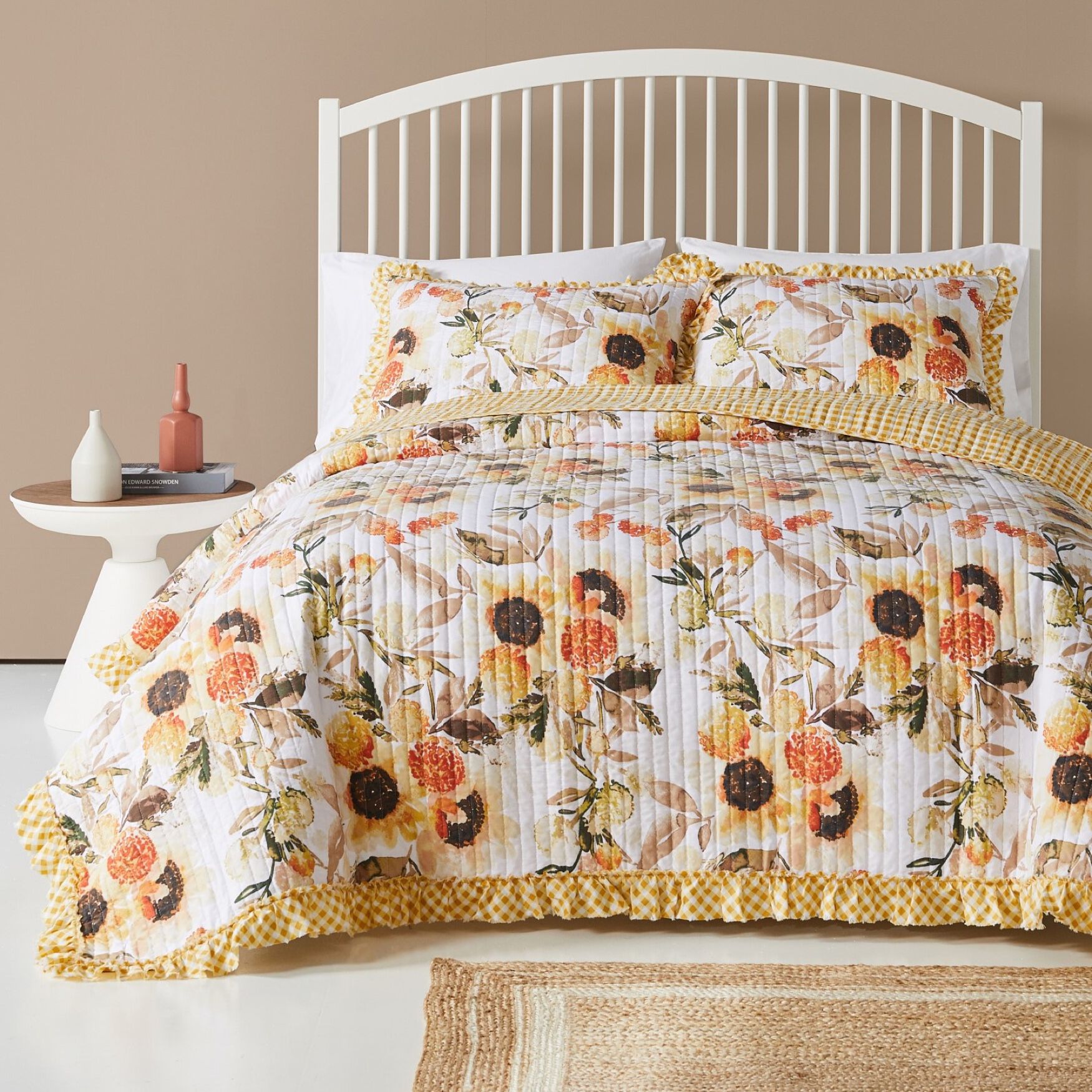 Somerset Ruffled Gingham Quilt And Pillow Sham Set, GOLD, hi-res image number 0