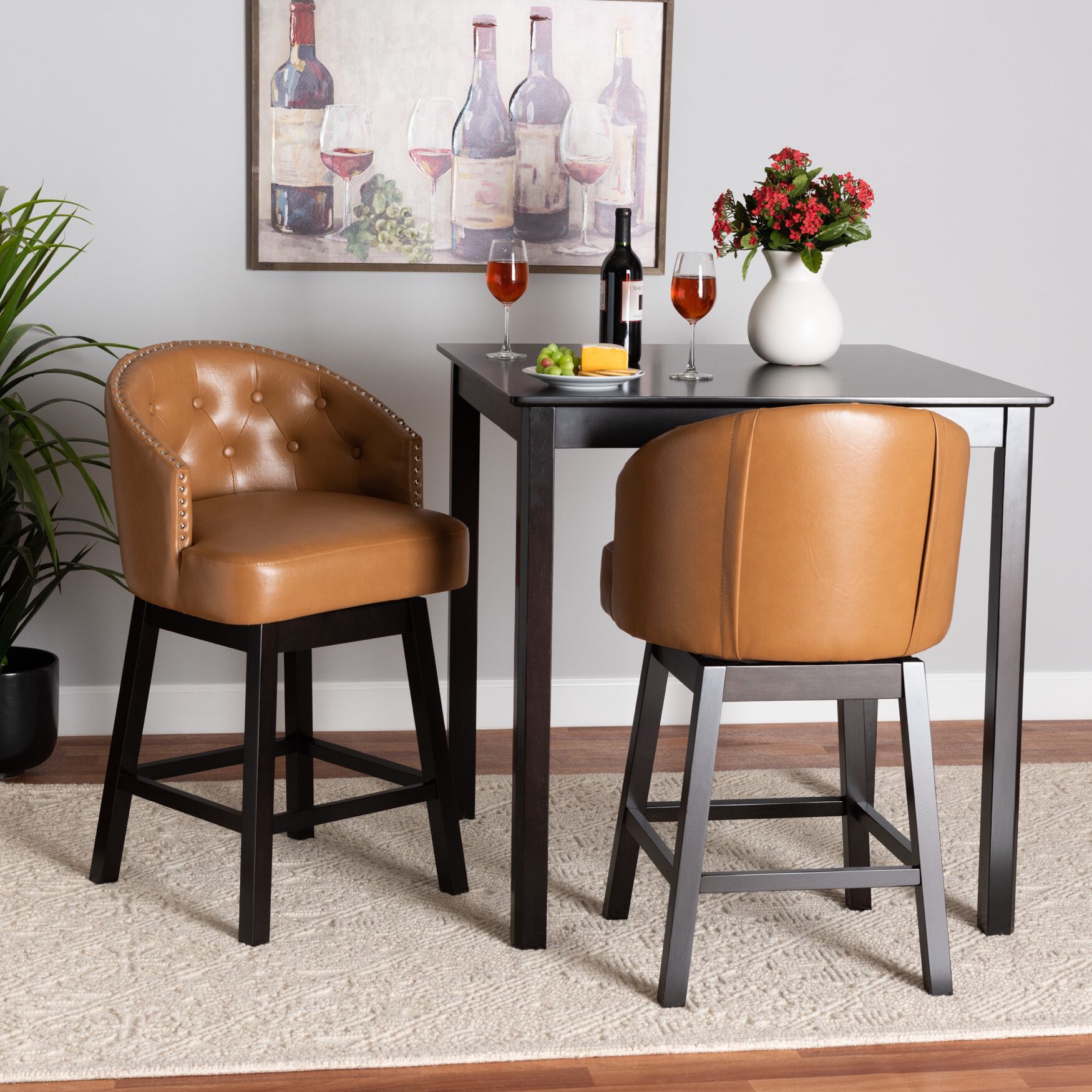 Theron Mid-Century Transitional Black Faux Leather and Espresso Brown Finished Wood 2-Piece Swivel Counter Stool Set, , alternate image number 33