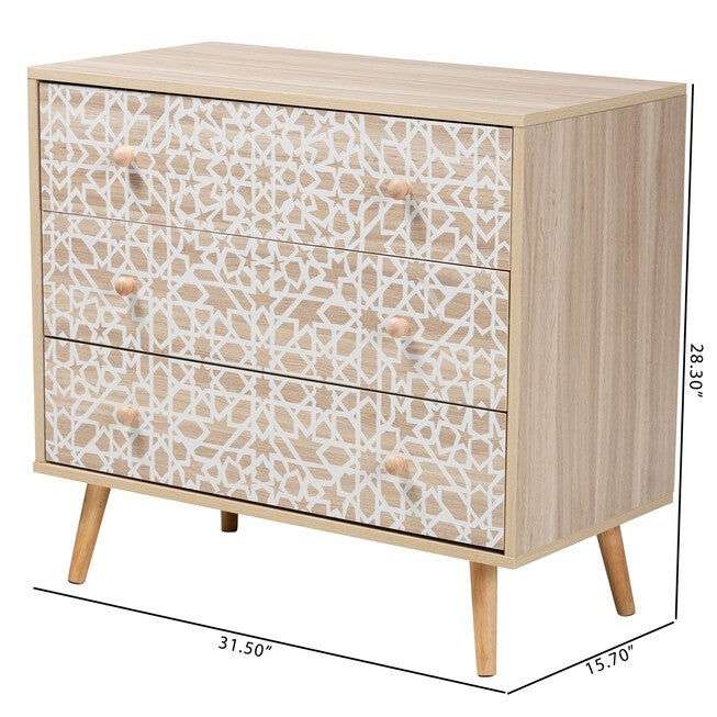 Beau Mid-Century Modern Transitional Two-Tone White And Oak Brown Finished Wood 3-Drawer Storage Cabinet, , alternate image number null